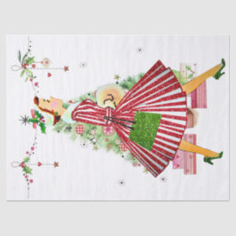 1950 Weihnachtsfrau mit Weihnachtsbaum Seidenpapier