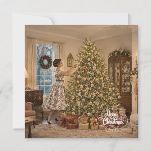 1950 Weihnachtsfrau schmückt Weihnachtsbaum Feiertagskarte