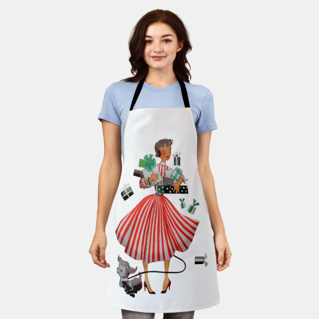 1950 Weihnachtsweihnachtskarte Lady Holiday Card Schürze (Getragen)