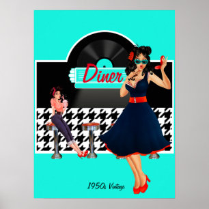 1950er Diner aquamarines schwarz-weißes Retro Poster