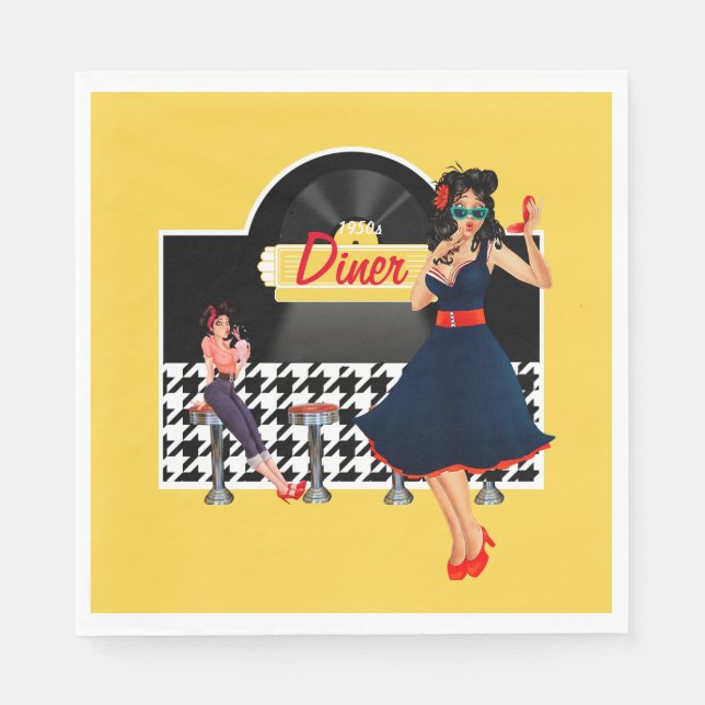 1950er Diner gelb, schwarz und weiß kariert Serviette (Vorderseite)