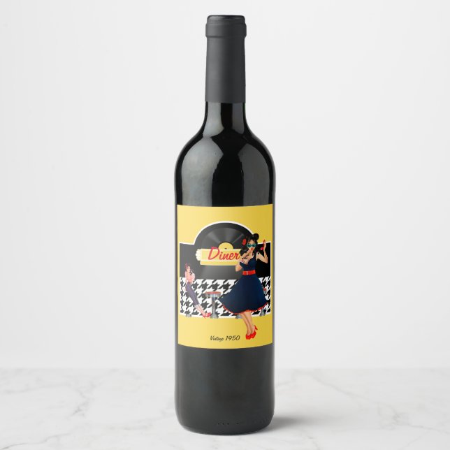 1950er Diner gelb, schwarz und weiß kariert Weinetikett (Vorderseite)