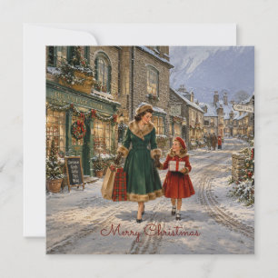 1950er englische Dörfer Mutter Weihnachtseinkäufe Feiertagskarte