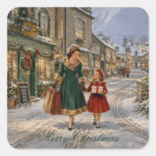 1950er englisches Dorf Mutter Weihnachtseinkäufe Quadratischer Aufkleber