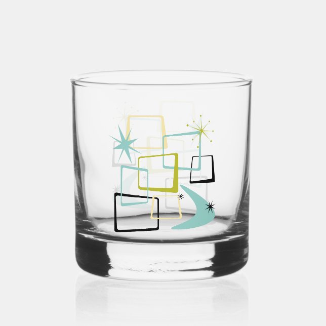 1950er Jahre Atomquadrate Stars Boomerang Midjahrh Whiskyglas (Vorderseite)