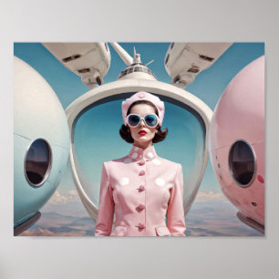 1950er Retro-Futurismus-Hostess Frau in Rosa Poster