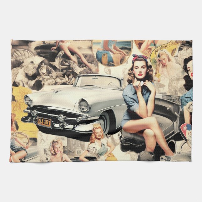 1950er Retro Mädchen Collage Geschirrtuch (Horizontal)