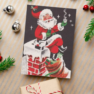 1950er Retro-Weihnachtsmann auf dem Dach Vintage-W Feiertagskarte