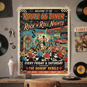 1950er Route 66 Diner Rock 'n' Roll Nächte Vintage Poster