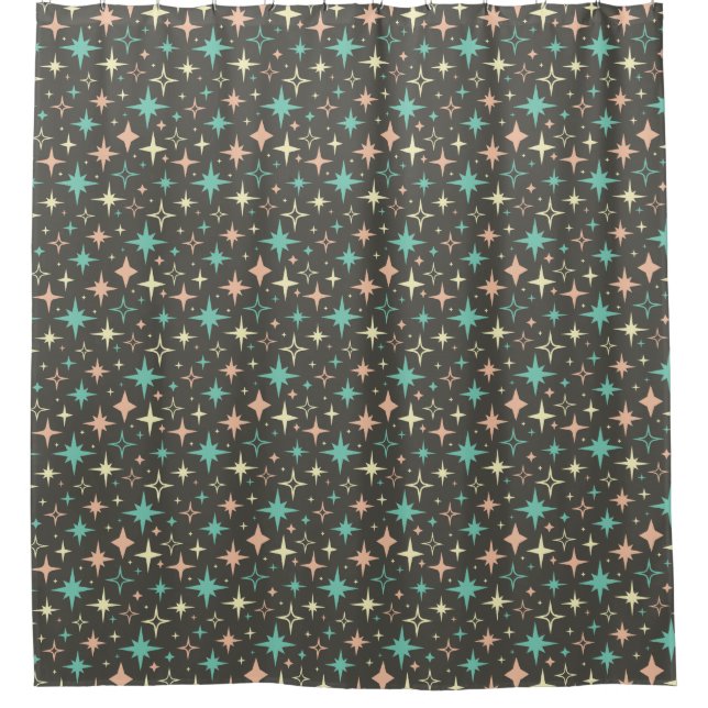 1950s Atomic Stars Pink Blue Yellow Brown MCM Duschvorhang (Vorderseite)
