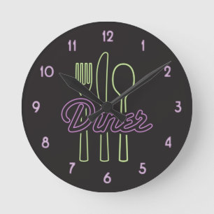 1950s Neon Diner Green, purple silverware Runde Wanduhr