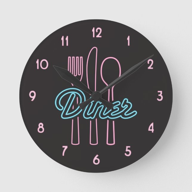 1950s Neon Diner Pink, Blausilverware Runde Wanduhr (Vorderseite)
