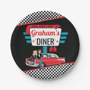 1950's Retro Diner Black, Teal, Red Birthday Party Pappteller
