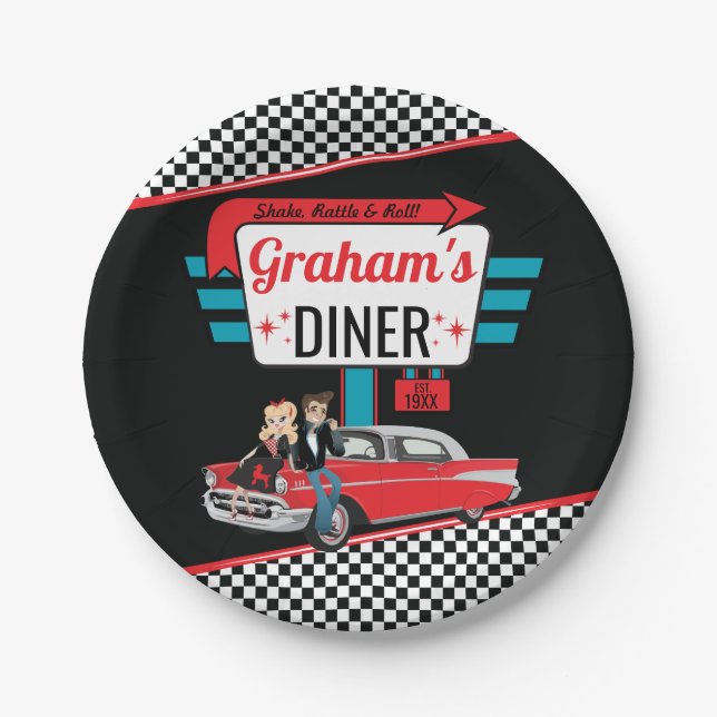 1950's Retro Diner Black, Teal, Red Birthday Party Pappteller (Vorderseite)