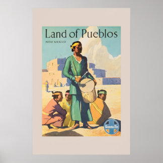 1950s Santa Fe Land of Pueblos New Mexico Vintage Poster
