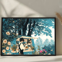 1950s Vintage Summer Blue Poster, Retro Cafe Art
