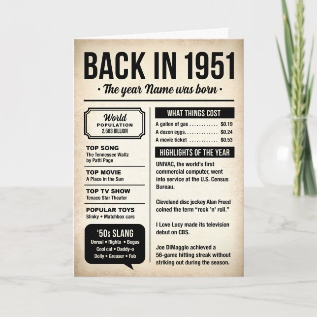 1951 Back in the Day, Fun Facts, 75th Birthday Karte (Vorderseite)