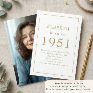 1951 geboren Gold Text Foto 75. Geburtstagsfeier Einladung