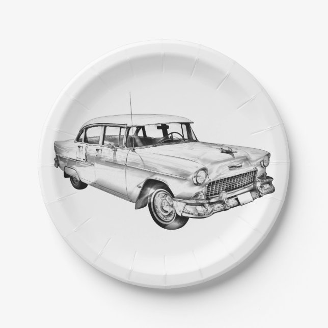 1955 Chevrolet Bel Air Antique Car Illustration Pappteller (Vorderseite)