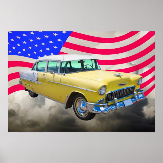 1955 Chevrolet Bel Air mit amerikanischer Flagge Poster (Vorne)