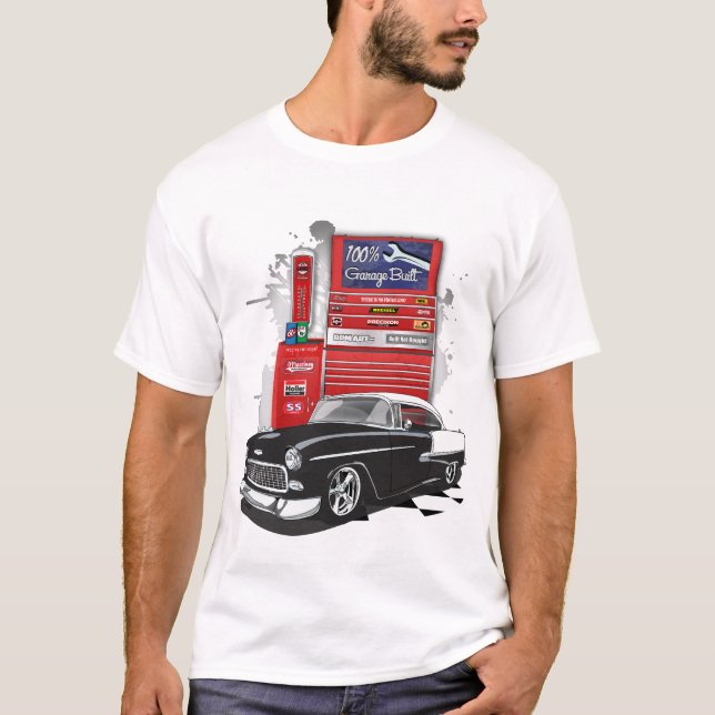 1955 Schwarz-Weiß-Chevy-Bel-Luftgarage gebaut T-Shirt (Vorderseite)