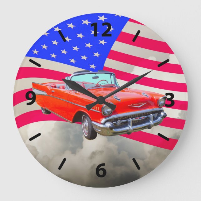 1957 Chevrolet Bel Air Classic Car und US-Flagge Große Wanduhr (Vorderseite)