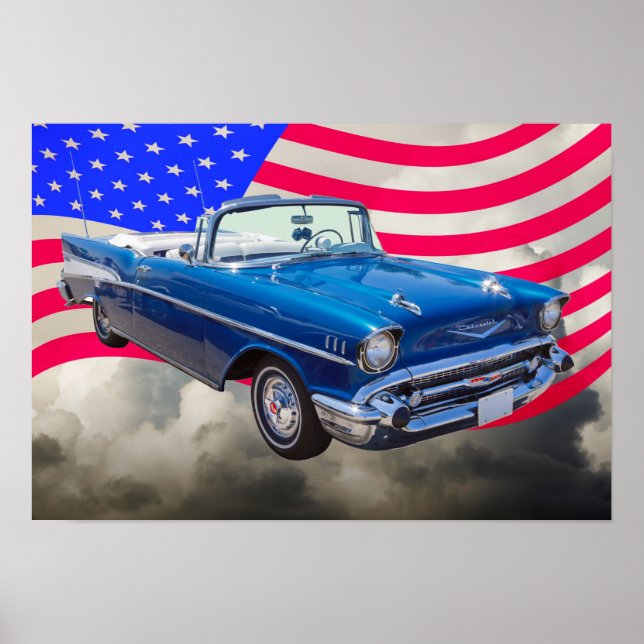 1957 Chevrolet Bel Air mit amerikanischer Flagge Poster (Vorne)