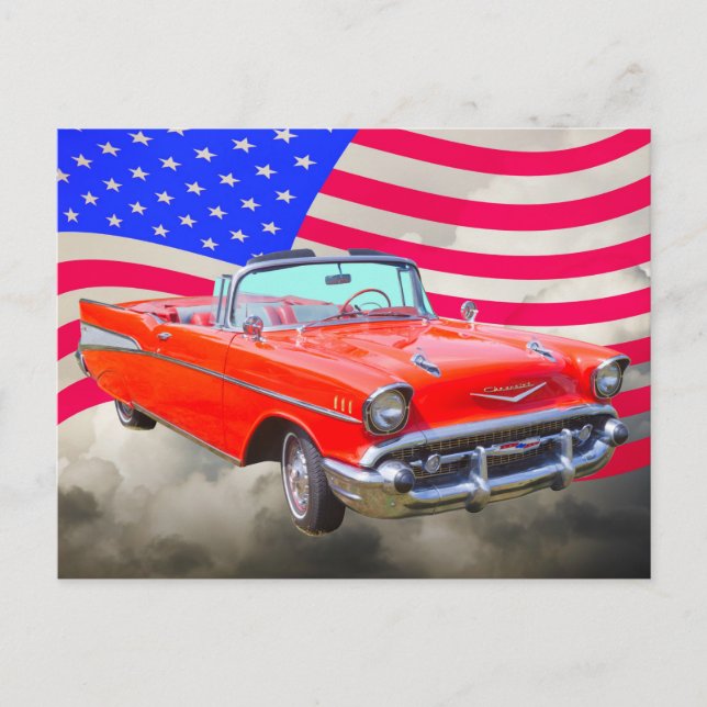 1957 Chevrolet Bel Air und US-Flagge Postkarte (Vorderseite)