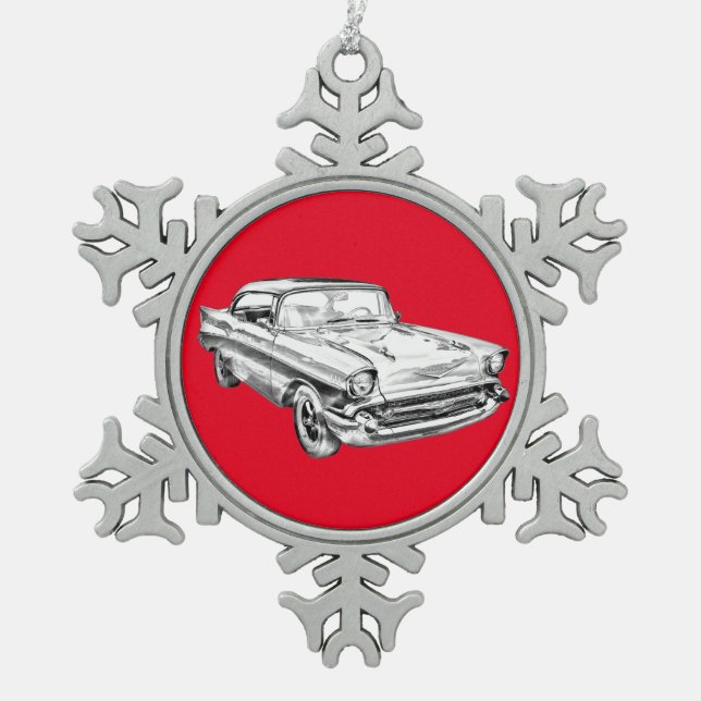 1957 Chevy Bel Air Classic Car Illustration Schneeflocken Zinn-Ornament (Vorderseite)