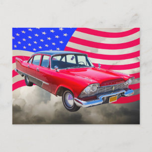 1958 Plymouth Savoy Auto mit amerikanischer Flagge Postkarte