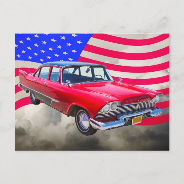 1958 Savoywagen mit amerikanischer Flagge Postkarte (Vorderseite)