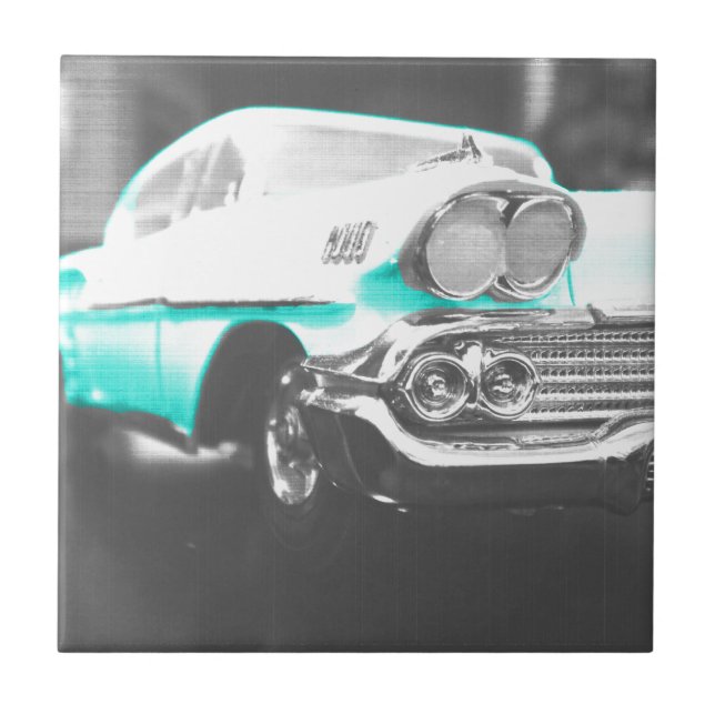 1958er Chevy Impala strahlend blaues Oldtimer-Auto Fliese (Vorderseite)