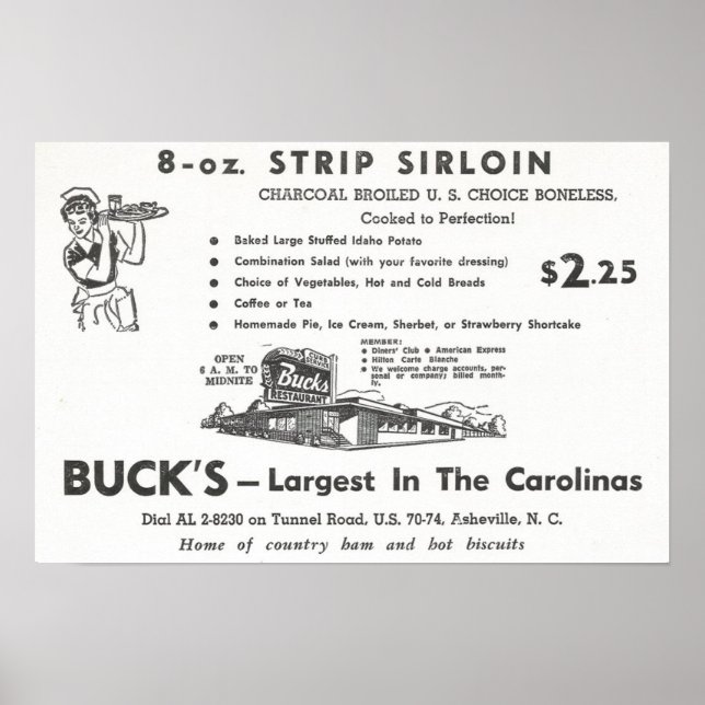 1960 Ad for Buck's Restaurant in Asheville, NC Poster (Vorne)
