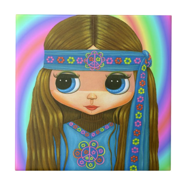 1960er, 1970er Big Eye Hippie Chick in Blue Fliese (Vorderseite)