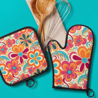 1960er 1970er Groovy Farbige Flower Power Ofenhandschuh & Topflappen-Set