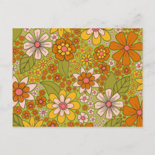 1960er, 1970er Jahre Grün & Orange Retro-Blumenmus Postkarte