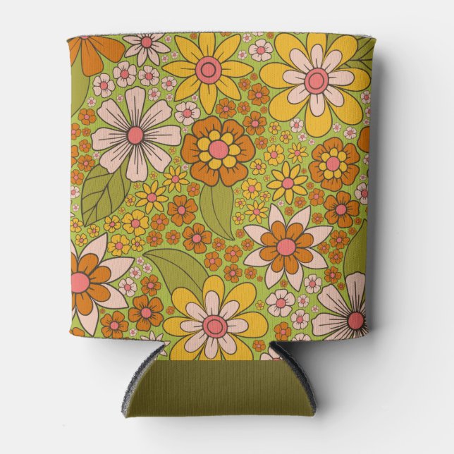1960er, 1970er Jahre, grün & orange Retro floral Dosenkühler (Vorderseite)