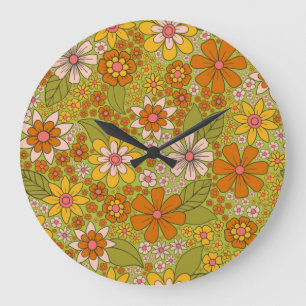 1960er, 1970er Jahre, grün & orange Retro floral Große Wanduhr