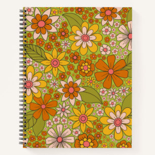 1960er, 1970er Jahre, grün & orange Retro floral Notizbuch