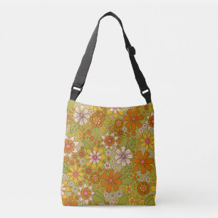 1960er, 1970er Jahre, grün & orange Retro floral Tragetaschen Mit Langen Trägern