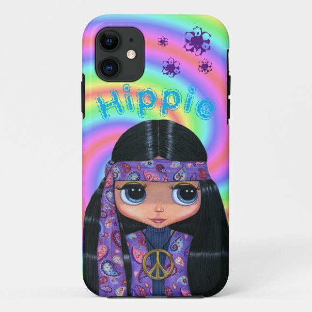 1960er, 1970er Lila Paisley Hippie Chick Big Eyes Case-Mate iPhone Hülle (Rückseite)
