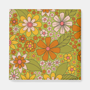1960er, 1970er Retro-Blumenmuster in Grün und Oran Magnet