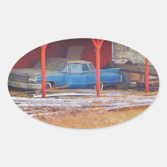 1960er BLUE CADILLAC DEVILLE Oldtimer Ovaler Aufkleber (Vorderseite)