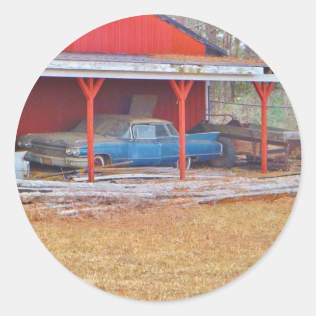 1960er BLUE CADILLAC DEVILLE Oldtimer Runder Aufkleber (Vorderseite)