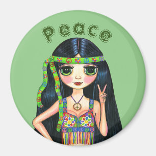 1960er Hippie-Mädchen-Puppe Friedenskzeichen Niedl Magnet