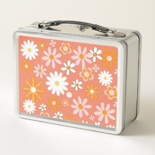 1960er Retro Orange Blumen Metall Lunchbox