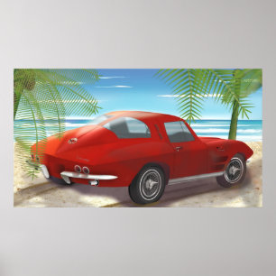 1963 Zeichnend Corvette Beach Scene Poster