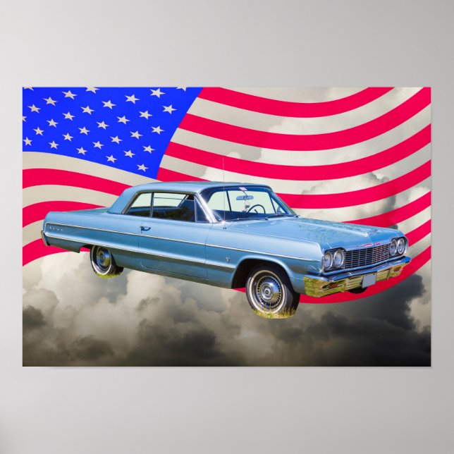 1964 Chevrolet Impala Auto und amerikanische Flagg Poster (Vorne)