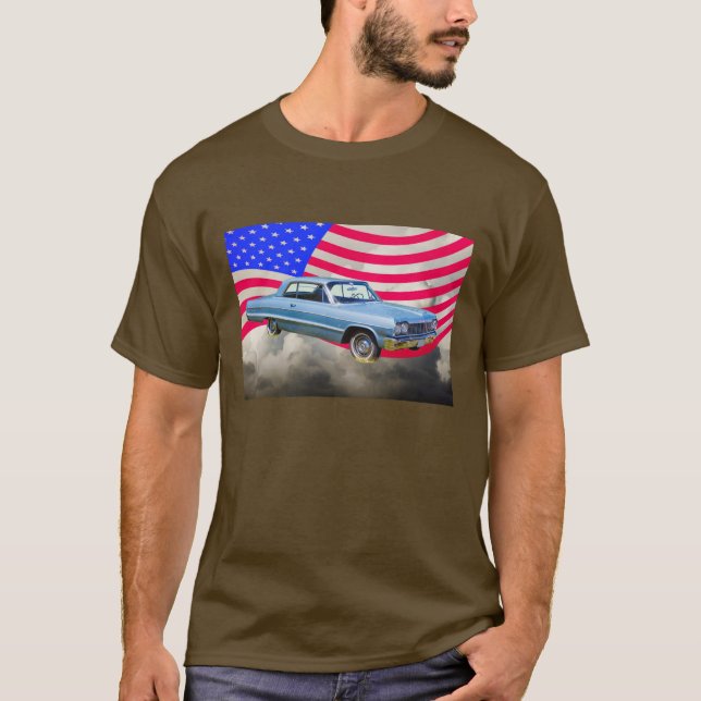 1964 Chevrolet Impala Auto und amerikanische Flagg T-Shirt (Vorderseite)