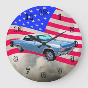 1965 Chevy Impala 327 mit amerikanischer Flagge Große Wanduhr